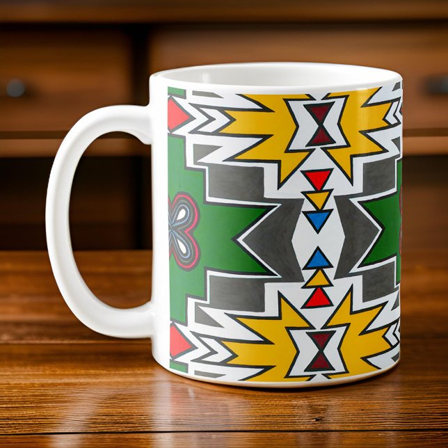  African Tribe Geometric Ndebele Traditional Art Coffee Mug (African Tribe Geometric Ndebele Traditional Art Espresso Cup Wooden Table Closeup)