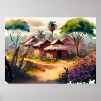 African Village Watercolor Digital Art Poster