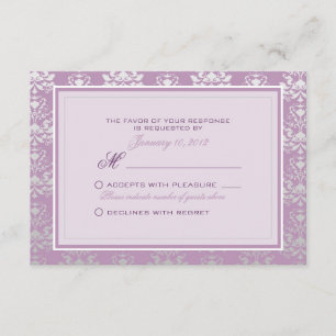 African Violet & Silver Damask Wedding RSVP Custom Card