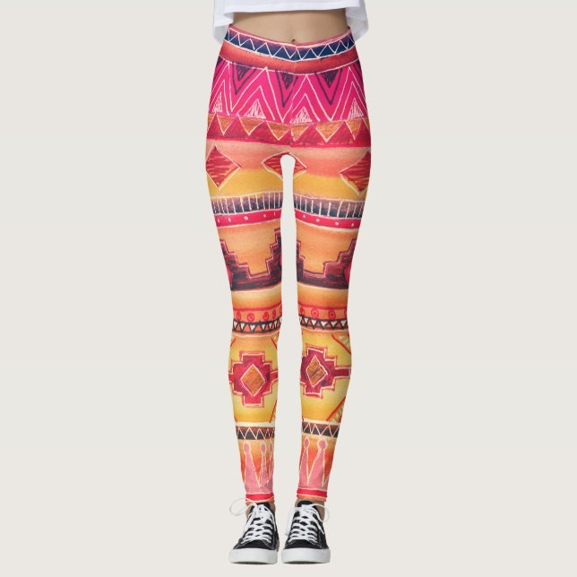 African watercolor, vibrant pattern leggings (Front)