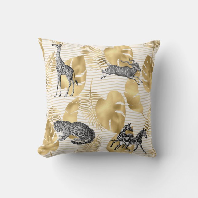 African Wild Animals & Faux Gold Leaves Cushion (Front)