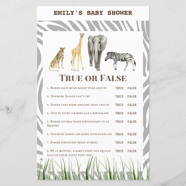 African Wild Baby Shower Game PRINTED (Front)
