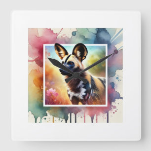 African Wild Dog 010924AREF137 - Watercolor Square Wall Clock