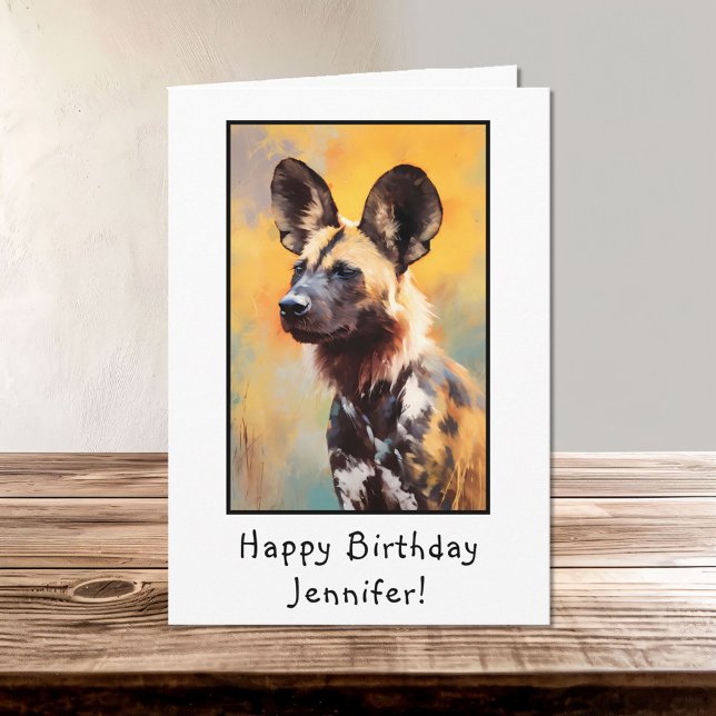 African Wild Dog Portrait Happy Birthday Name Card (Creator Uploaded)
