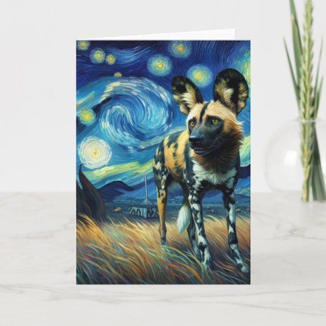 African Wild Dog Starry Night Van Gogh Card (Front)