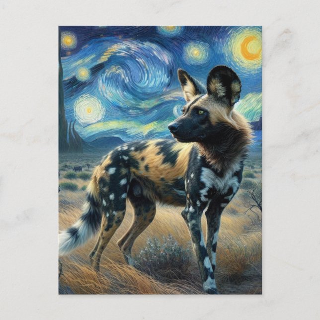 African Wild Dog Starry Night Van Gogh Postcard (Front)