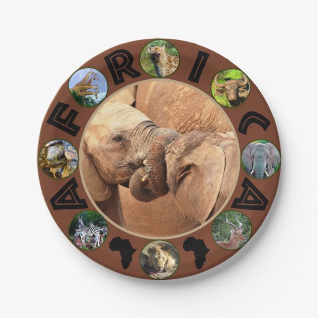 African Wildlife Circle Collage Elephant Tug O War Paper Plate (Front)