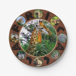 African Wildlife Circle Collage Giraffe Aloe Paper Plate