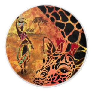 African Woman and Giraffe Ceramic Knob