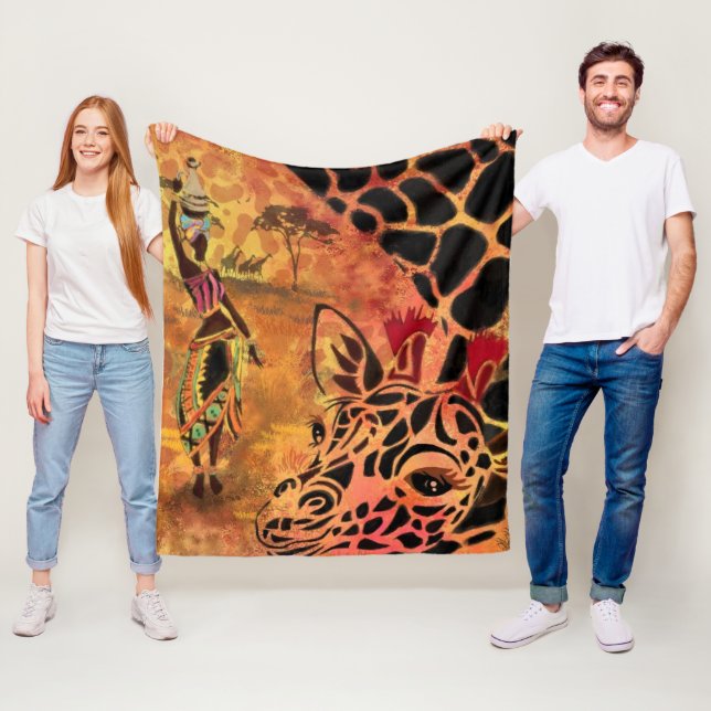 African Woman and Giraffe Fleece Blanket (In Situ)