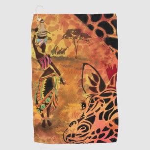 African Woman and Giraffe Golf Towel