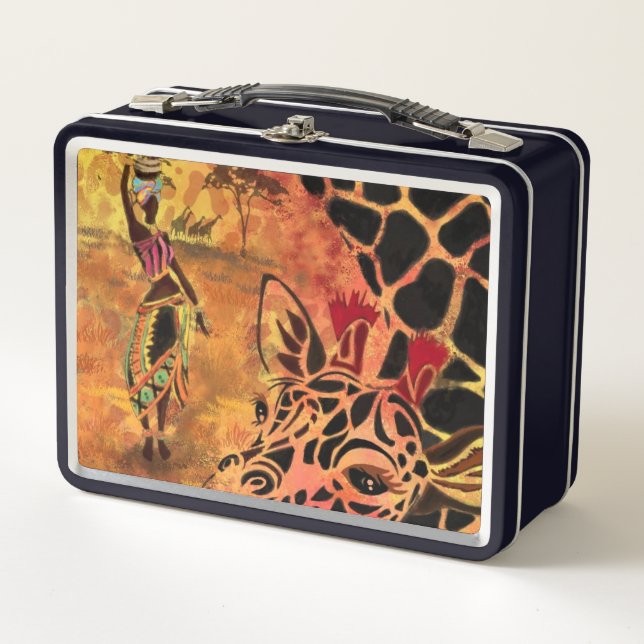 African Woman and Giraffe Metal Lunch Box (Front)