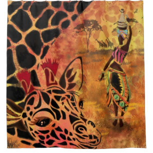 African Woman and Giraffe Shower Curtain Painting