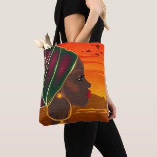 African woman and Savannah landscape sunset Tote Bag