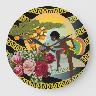 African Woman Gold Chain Floral Clock