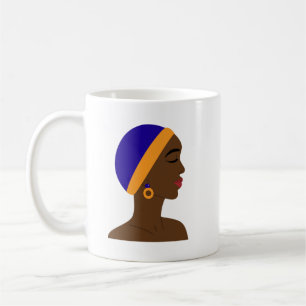 African woman in profile with blue and yellow cap coffee mug