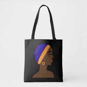 African woman in profile with blue and yellow cap tote bag