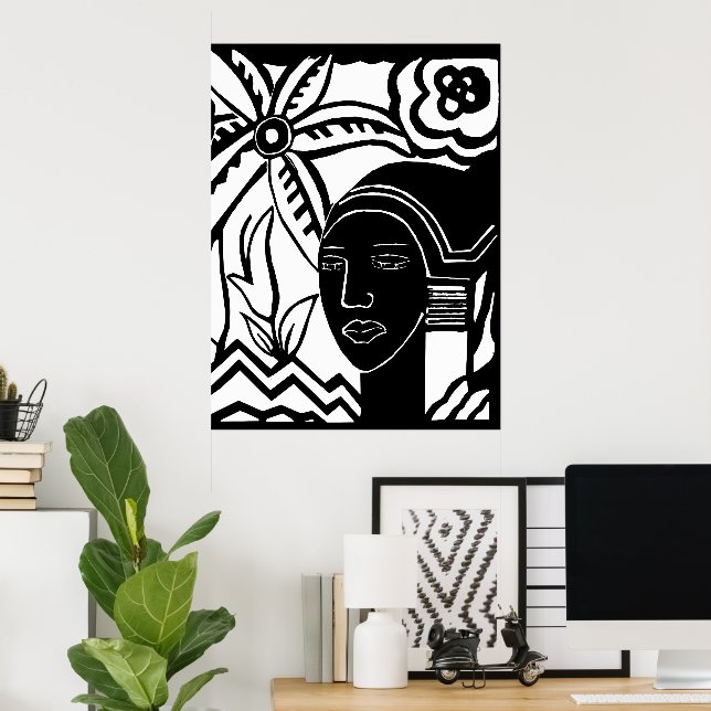 african woman jungle abstract black ink art poster (Home Office)