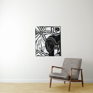 african woman jungle abstract black ink art tapestry
