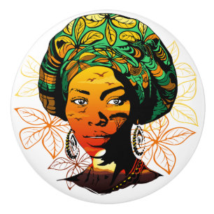 African Woman Portrait with Sunset Ceramic Knob