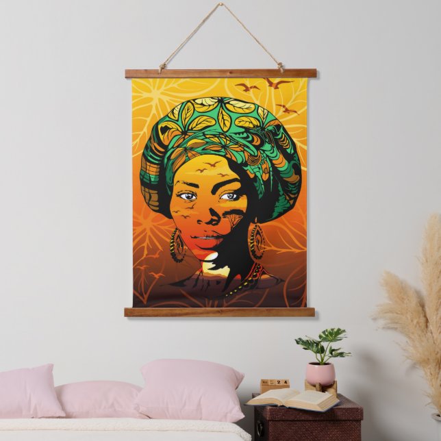 African Woman Portrait with Sunset Hanging Tapestry (Bedroom)