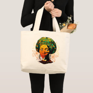 African Woman Portrait with Sunset Large Tote Bag
