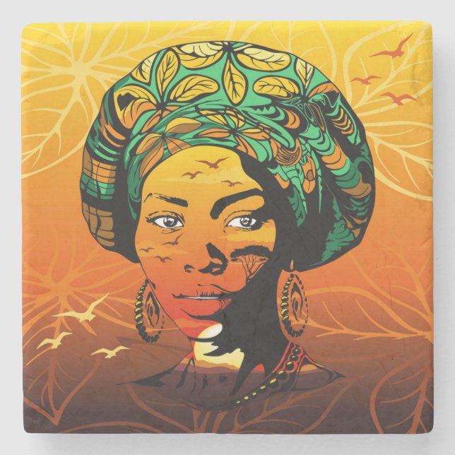 African Woman Portrait with Sunset Stone Coaster (Front)