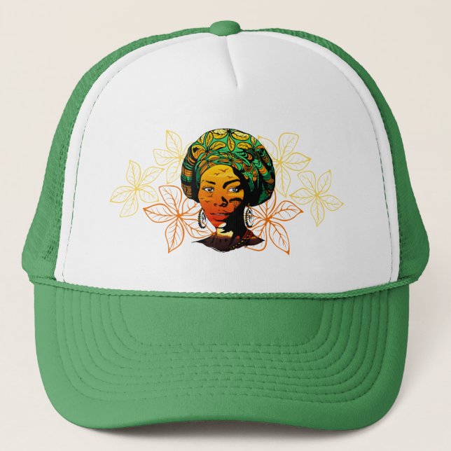 African Woman Portrait with Sunset Trucker Hat (Front)