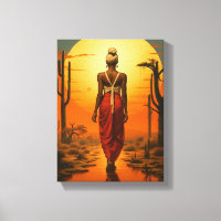 African Woman Walking in Desert Sunset Landscape