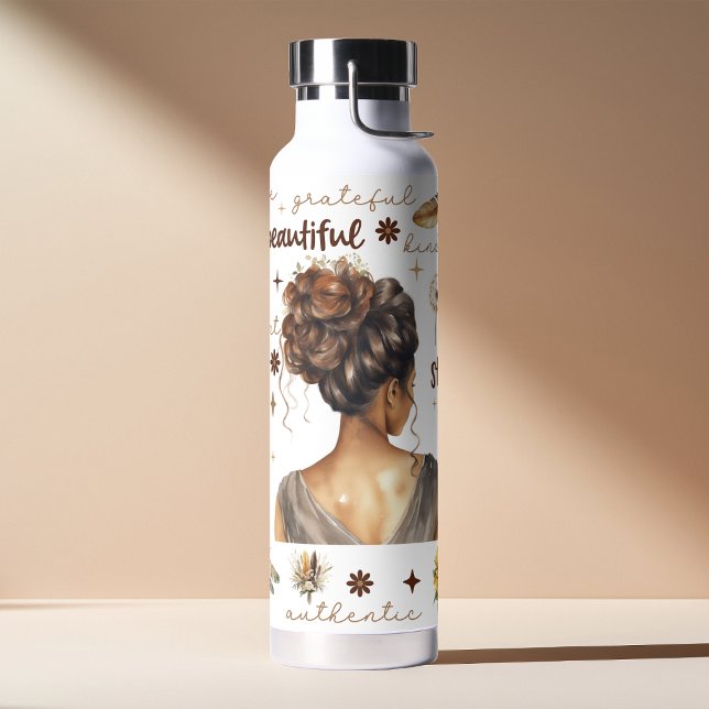 African Woman With Brown Hair Boho Affirmation Water Bottle (Creator Uploaded)