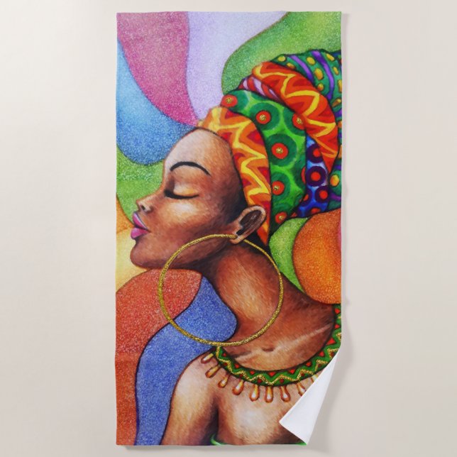 African Woman with Wax Traditional Fabric Beach Towel (Front)