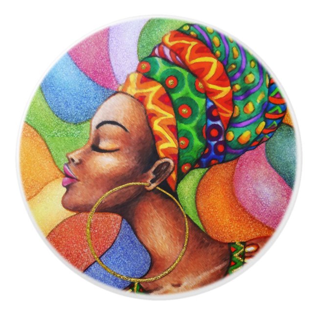 African Woman with Wax Traditional Fabric Ceramic Knob (Front)