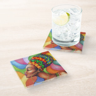 African Woman with Wax Traditional Fabric Glass Coaster