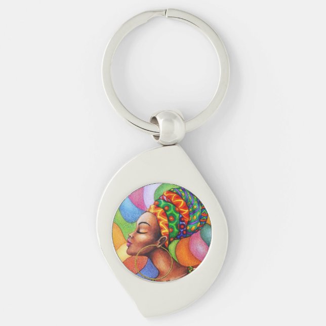 African Woman with Wax Traditional Fabric Key Ring (Front)