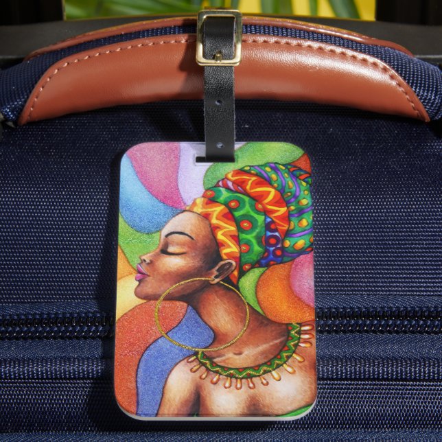 African Woman with Wax Traditional Fabric Luggage Tag (Front Insitu 2)