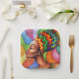 African Woman with Wax Traditional Fabric Paper Plate