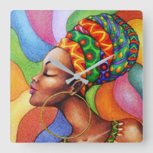 African Woman with Wax Traditional Fabric Square Wall Clock