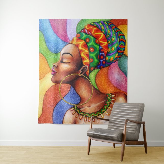 African Woman with Wax Traditional Fabric Tapestry (In Situ)