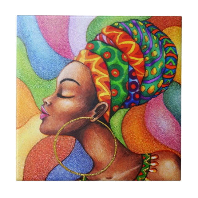 African Woman with Wax Traditional Fabric Tile (Front)