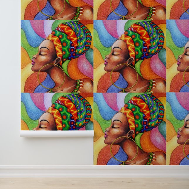 African Woman with Wax Traditional Fabric Wallpaper (Application)
