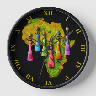 African Women On Africa Map In Colourful Dresses Clock