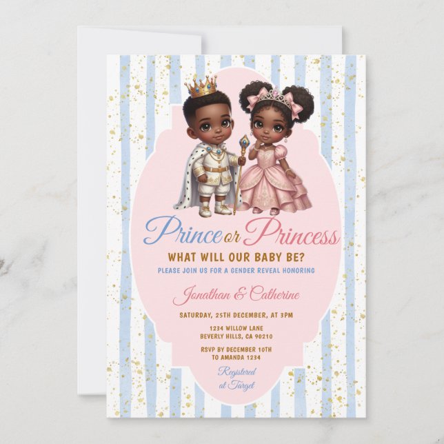 Afro African Prince or Princess Gender Reveal Gold Invitation (Front)