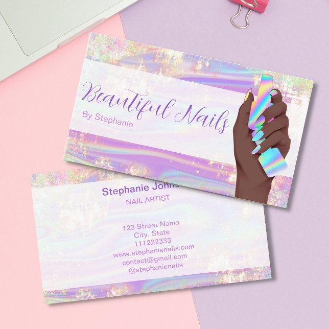 Afro American Glitter Holographic Opal Nail Salon Business Card (Creator Uploaded)
