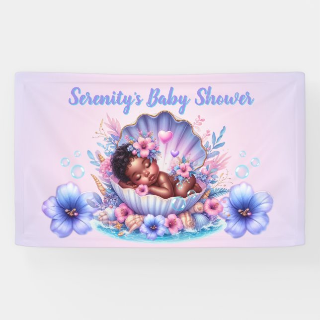 Afro Baby Girl in Seashell Pastel Baby Shower Banner (Horizontal)