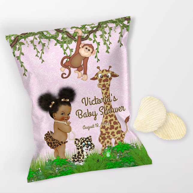 Afro Baby Girl Safari Baby Shower Chip Bag Wrapper (1 ounce snack bag wrapper flyer. )