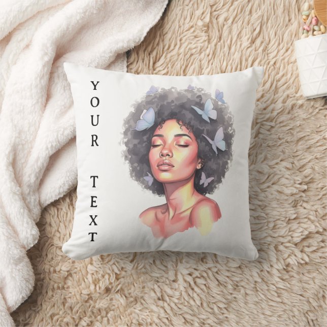 Afro Beauty with Butterflies – Watercolor Portrait Cushion (Blanket)