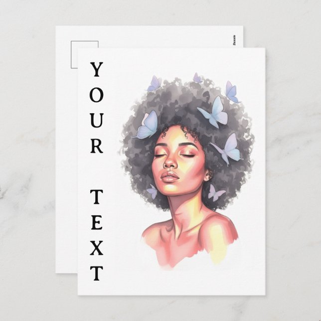 Afro Beauty with Butterflies – Watercolor Portrait Holiday Postcard (Front/Back)