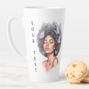 Afro Beauty with Butterflies – Watercolor Portrait Latte Mug
