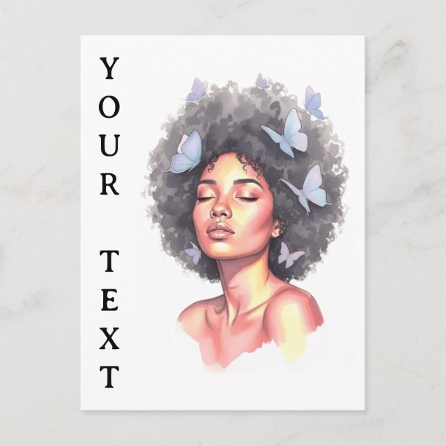 Afro Beauty with Butterflies – Watercolor Portrait Postcard (Front)