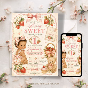 Afro Berry First Birthday strawberry Sweet Girl Invitation